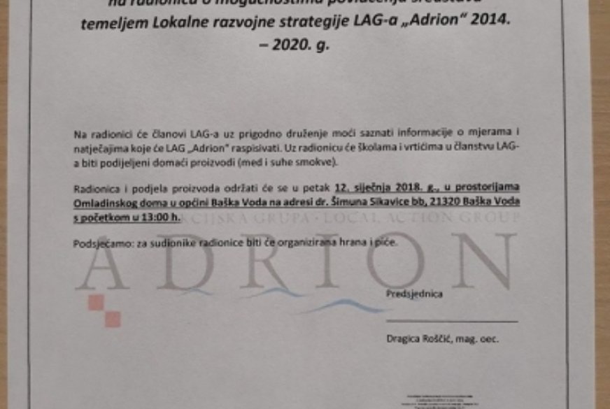 POZIV NA RADIONICU O MOGUĆNOSTIMA POVLAČENJA SREDSTAVA TEMELJEM LOKALNE RAZVOJNE STRATEGIJE LAG-a “Adrion”